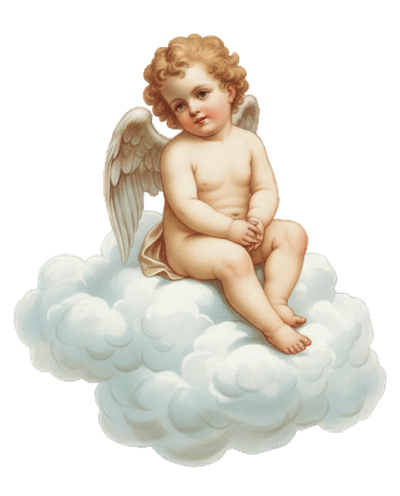 Cherubic angel with curly hair and wings sitting on a fluffy cloud.