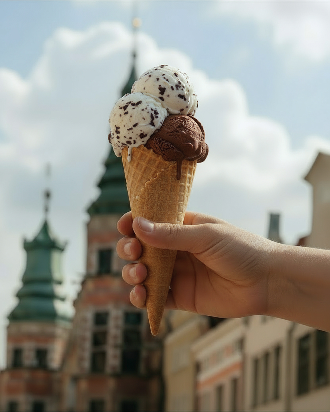Hand holding a waffle cone with two scoops of cookies and cream ice cream and one scoop of chocolate ice cream melting slightly in an outdoor city setting.